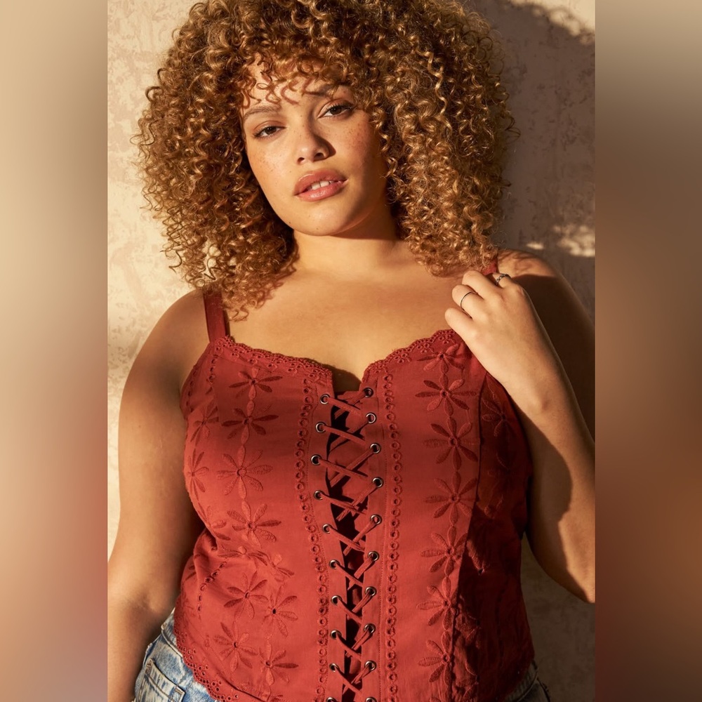 torrid rust red embroidered lace-up camisole
